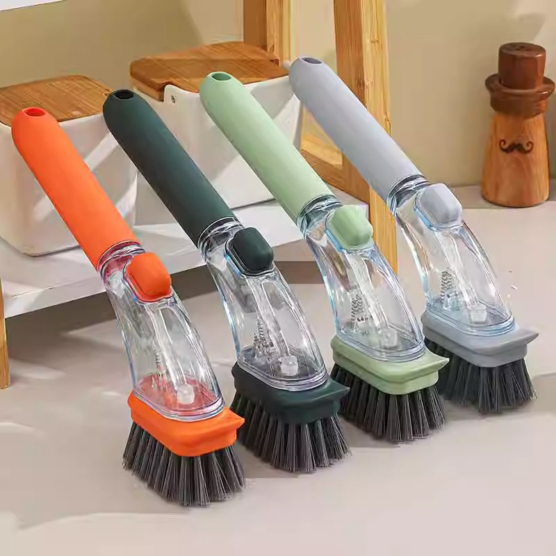 Pot brush, comfortable and long handle, does not dirty hands, does not hurt the pot, comes with a space for storing detergent, and automatically discharges liquid when pressed.