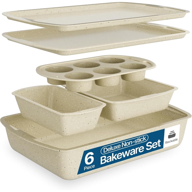 - Bakeware Set – 6 Piece – Stackable, Deluxe, Non-Stick Baking Pans for Professional and Home Cooking – Carbon Steel, White Stone Coating