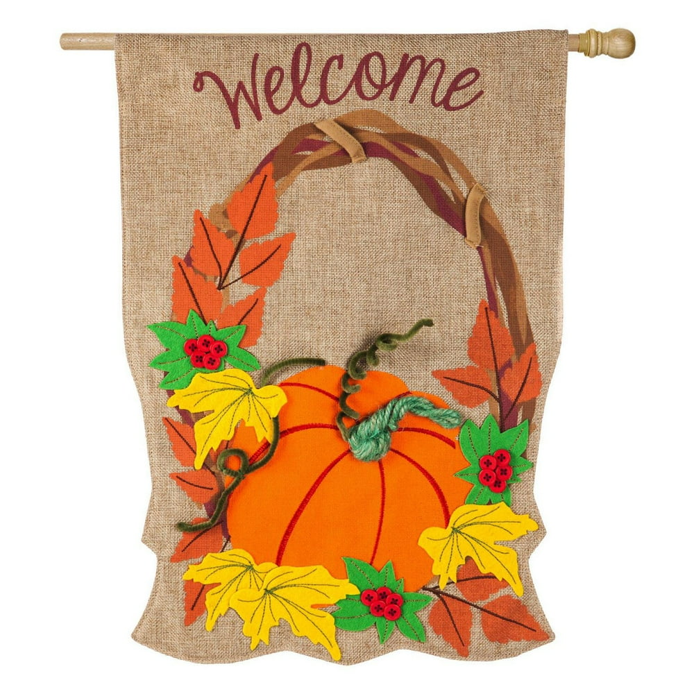 Evergreen Flag Autumn Pumpkin Wreath House Flag