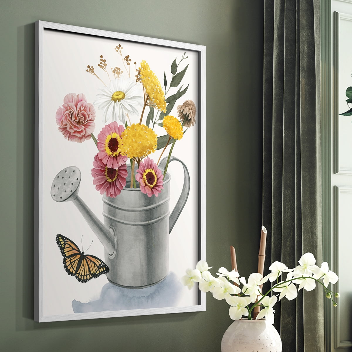 Watering Can Bouquet I Framed Print in White Solid Wood 11 x 14 Framed Print