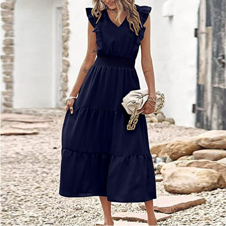 Sweet Elegant Solid Flounce V Neck A Line Dresses(5 Colors) Sweet Elegant Solid Flounce V Neck A Line Dresses(5 Colors)