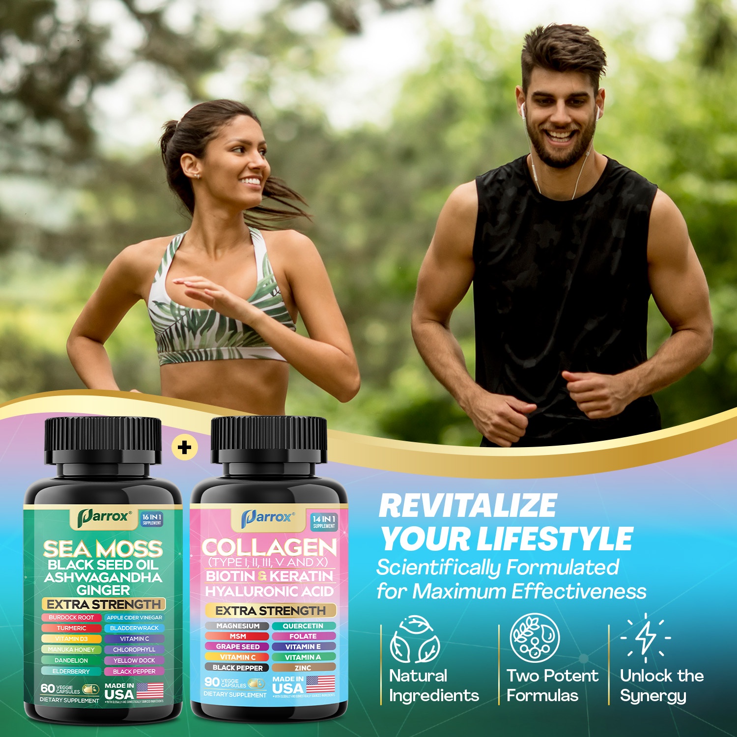 Parrox Radiant Wellness Bundle-Sea Moss, Black Seed Oil, Ashwagandha, Ginger, Collagen Types I II III V X, Biotin, Keratin, Hyaluronic Acid, Burdock Root, Turmeric, Vitamin D3, Magnesium, MSM, Folate