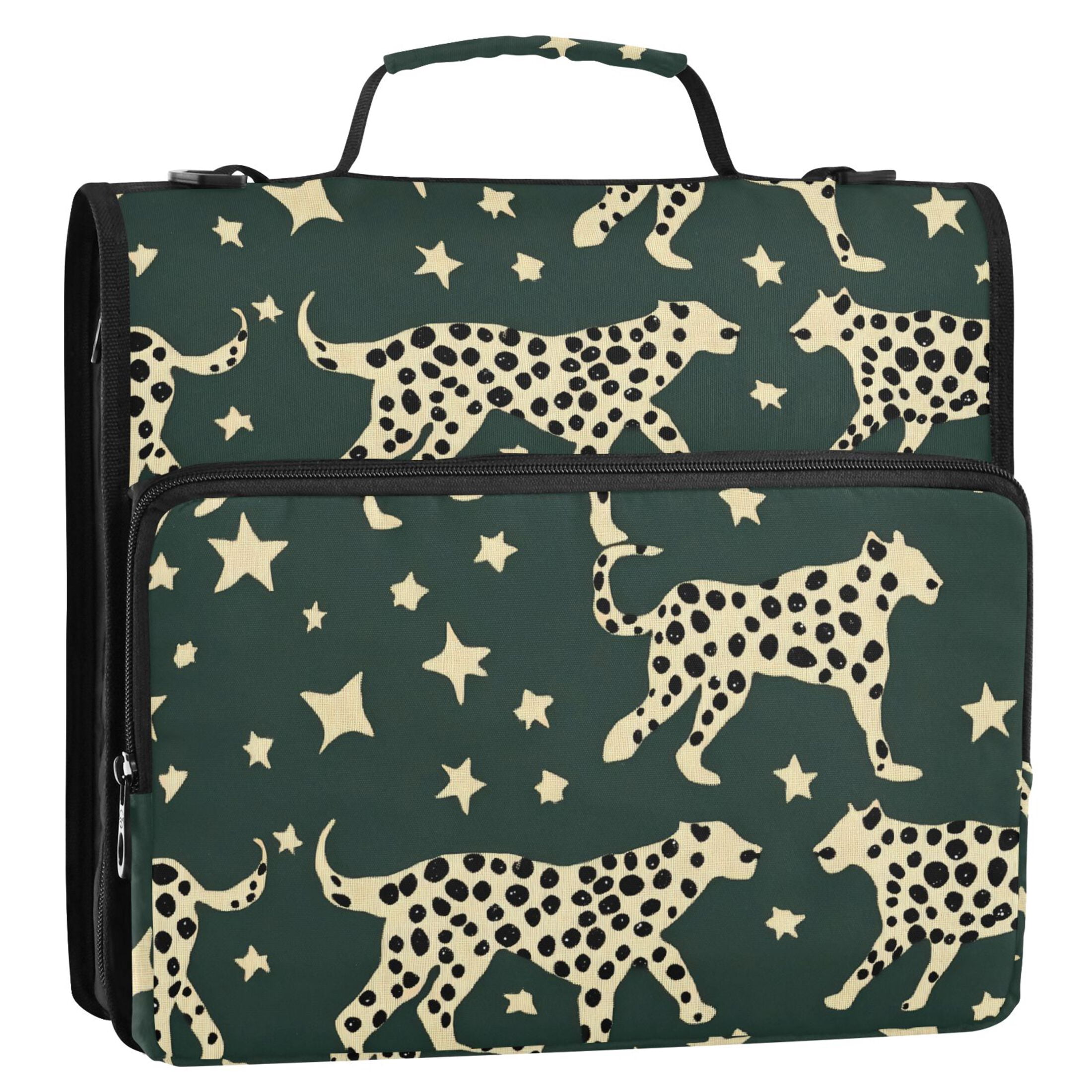 3 Ring Zipper Binder with Shoulder Strap Waterproof Trapper Keeper 2 Inch D-Ring 500 Sheets Capacity Leopard and Stars