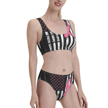 Uemuo Ribbon Breast Cancer Awareness Printed Women s High Waisted Bikini Sets Sporty Two Piece Swimsuits Color Block Cheeky High Cut Bathing Suits-Medium