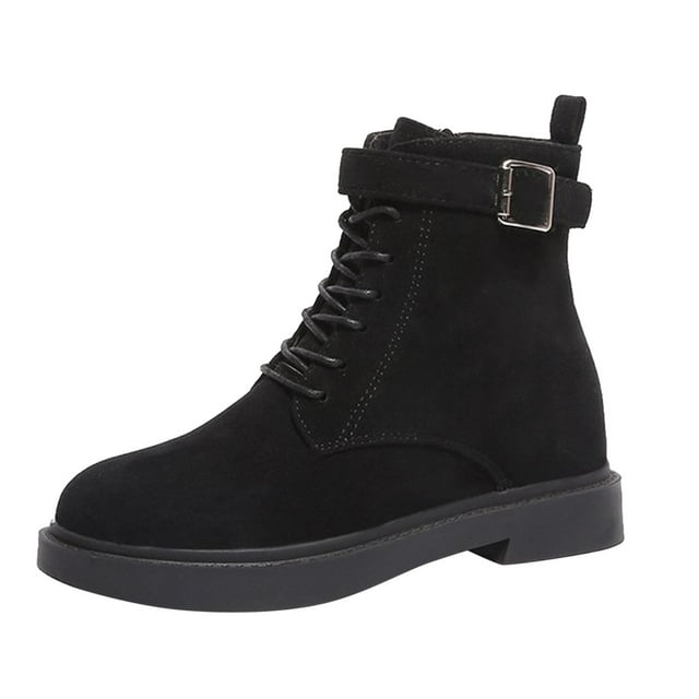 Zapatos Botines mujer Botas planas con punta sólida zapatos informales de encaje botines cortos de invierno sin cordones botas redondas para mujer botas térmicas de felpa para mujer (Black 7.5)