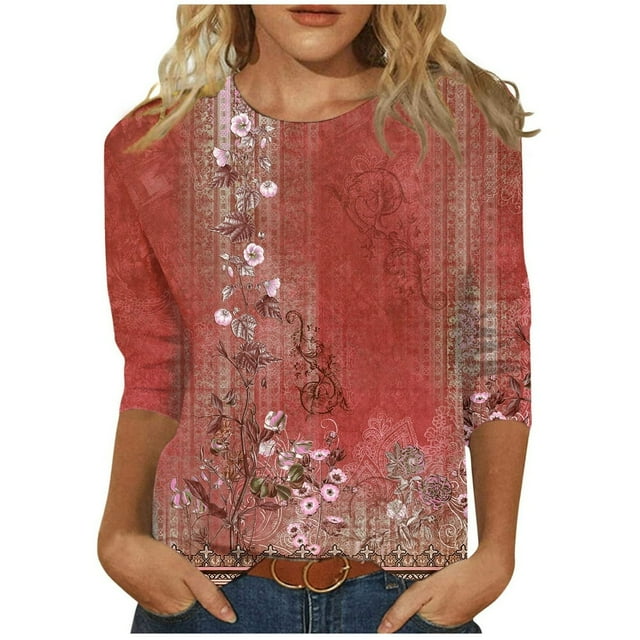 CHUANK T-Shirts pour Femmes à Manches Trois-Quarts, Coupe Ajustée à Motif Floral, T-Shirts Blancs, Chemises pour Femmes, Manches 3/4 au Coude, Col Rond, Chemises Décontractées pour Femmes, Liquidation, Blouses et Hauts Boho, Vert TG