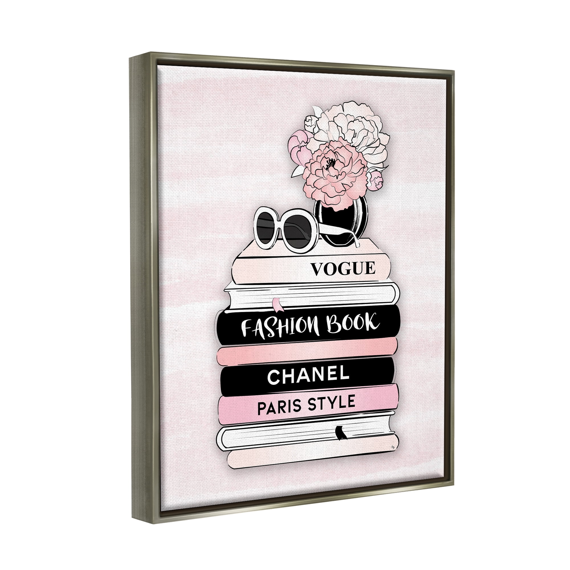 Stupell Industries Pink Fashion Bookstack Beauty & Fashion Painting Gray Floater Framed Canvas Art Print Wall Art, 25 x 31