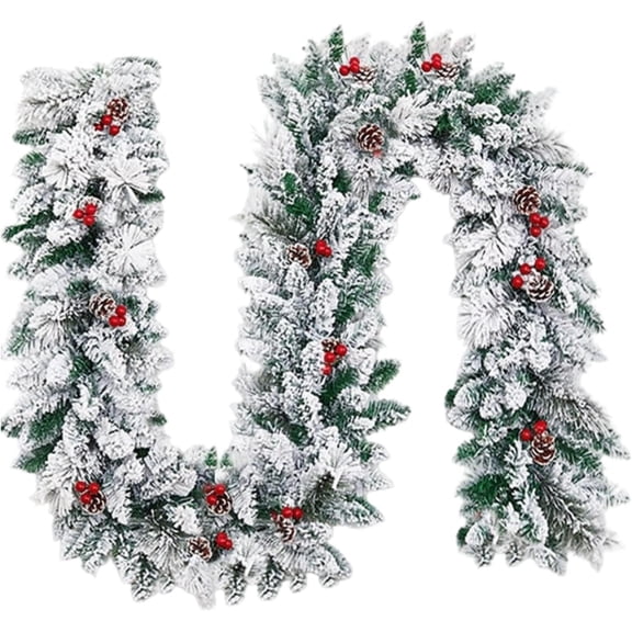 Guvpev 9FT Artificial Snowy Christmas Garland for Front Door Hanging Ornament, Winter Hanging Christmas Cedar Garland, Thickness Pine Garland Staircase Swags for Mantel Fireplace, Table, Xmas Decor