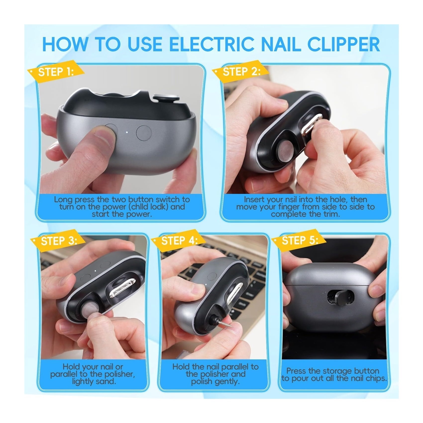 Electric Nail Clipper, 3 in 1 Electric Nail Trimmer and Polisher with Clip Storage & LED Light, USB Rechargeable & 2 Speed Gears for Baby, Kids, Seniors and Adults (Frosted Black)
