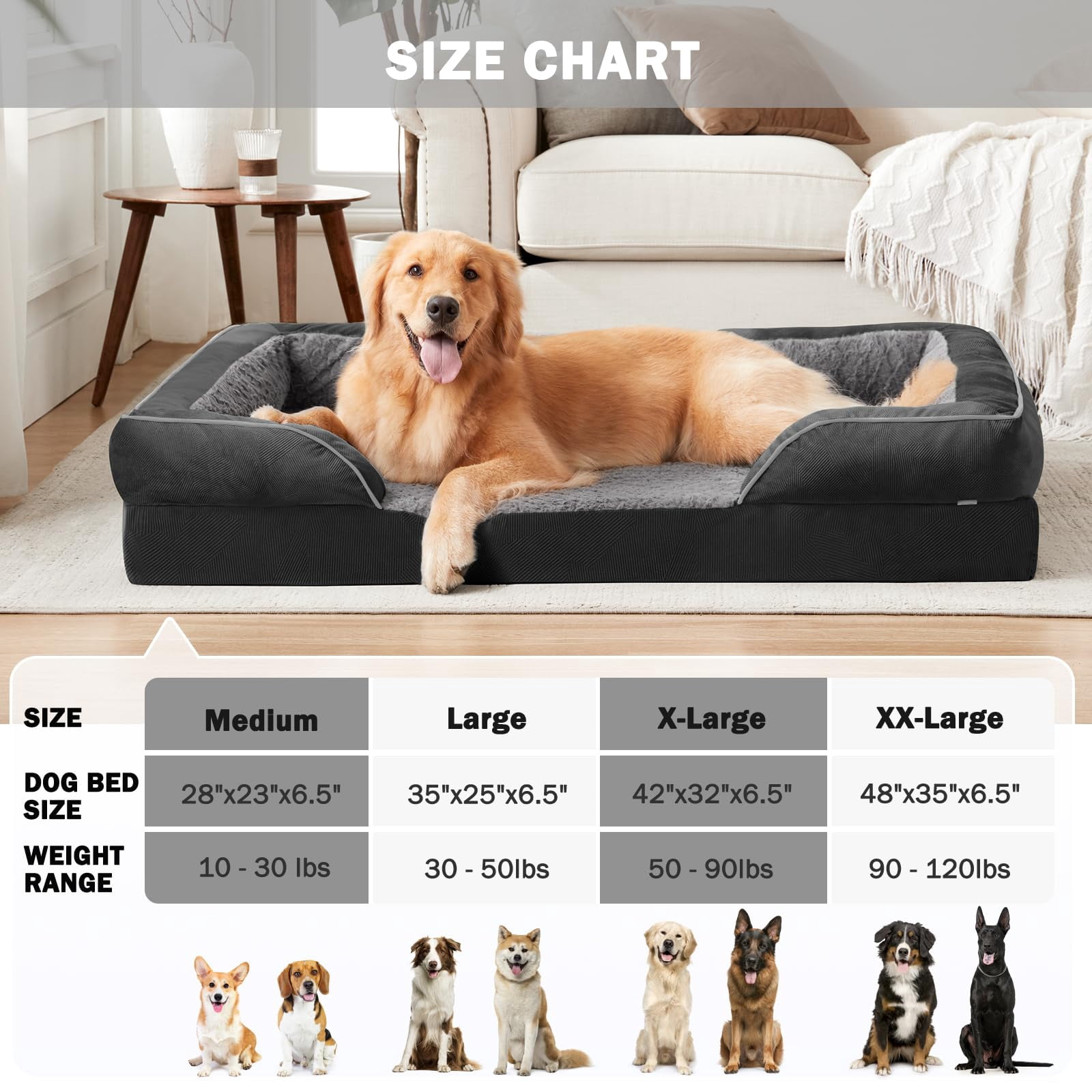 Dog Bed Large Black 35"x25"x6.5" Orthopedic Egg-Crate Foam Washable