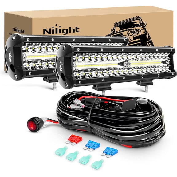 Nilight LED Light Bar 2Pcs 12 Inch 300W Triple Row Flood Spot Combo 30000LM Driving Lights with Off Road Wiring Harness Kit -2 Leads for Trucks ATV UTV SUV, 2 Years Warranty