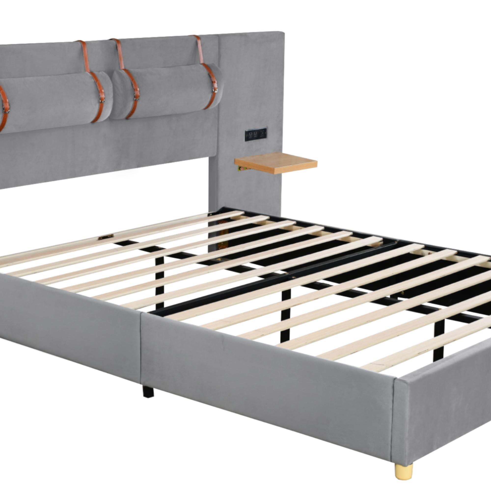 Euroco Upholstered Queen Size Platform Bed with Storage Shelves, USB Charging Station and Pillows, Gray