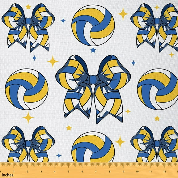Homewish Yellow Blue Volleyball Fabric by the Yard 1 Yard, Kawaii Cartoon Bow-tie Room Decor Fabric by the Yard, Cartoon Stars Print Sewing Fabric, Luxury Bedroom Decor