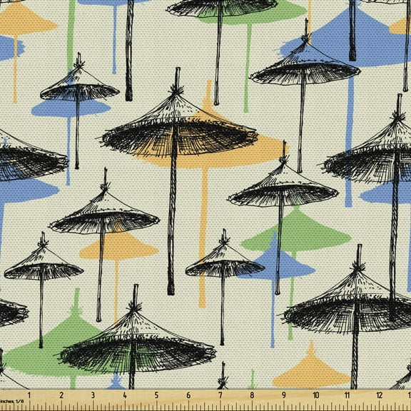 Sketch Fabric by the Yard Upholstery, Beach Umbrellas on an Eggshell Background, Decorative Fabric for DIY and Home Accents, 10 Yards, Grey Yellow Multicolor by Ambesonne