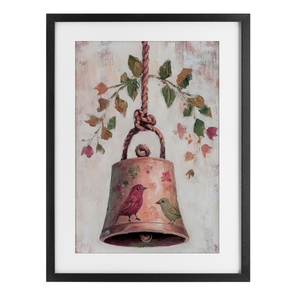 Vintage Christmas Bell Black Framed Print Under Glass, design by Petal Prints Design