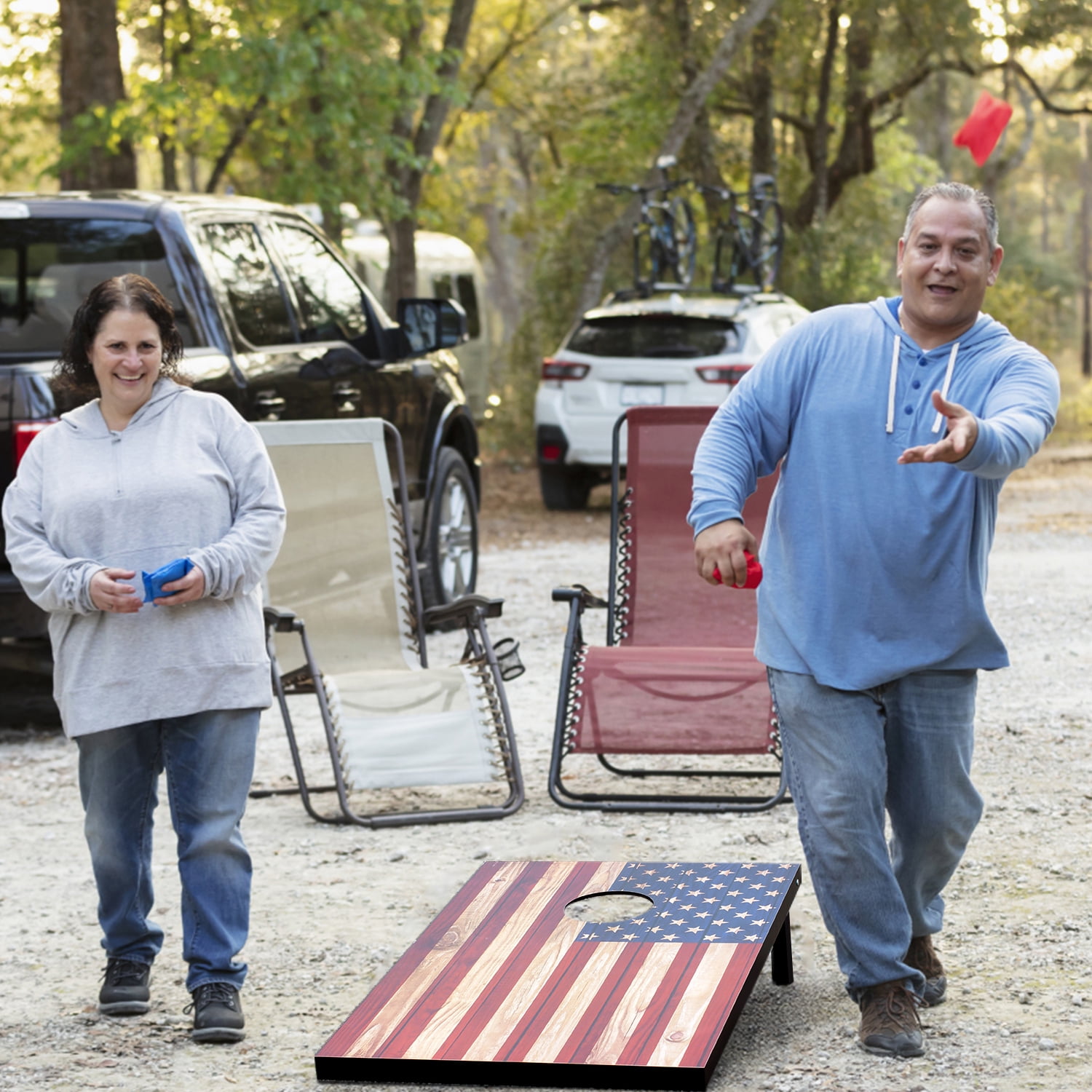Cometoss Classic Cornhole Set 3'x2' Outdoor Games- Includes 2 MDF Wood Boards 35.4x23.6 Inch,8 12 Ounce Corn Hole Bean Bag Cornhole Set. (America Flag)