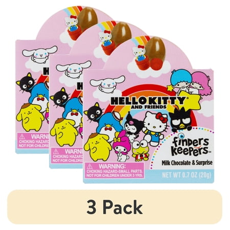 (3 pack) Finders Keepers Hello Kitty Milk Chocolate Hard Candy Egg with Toy Surprise 0.7oz