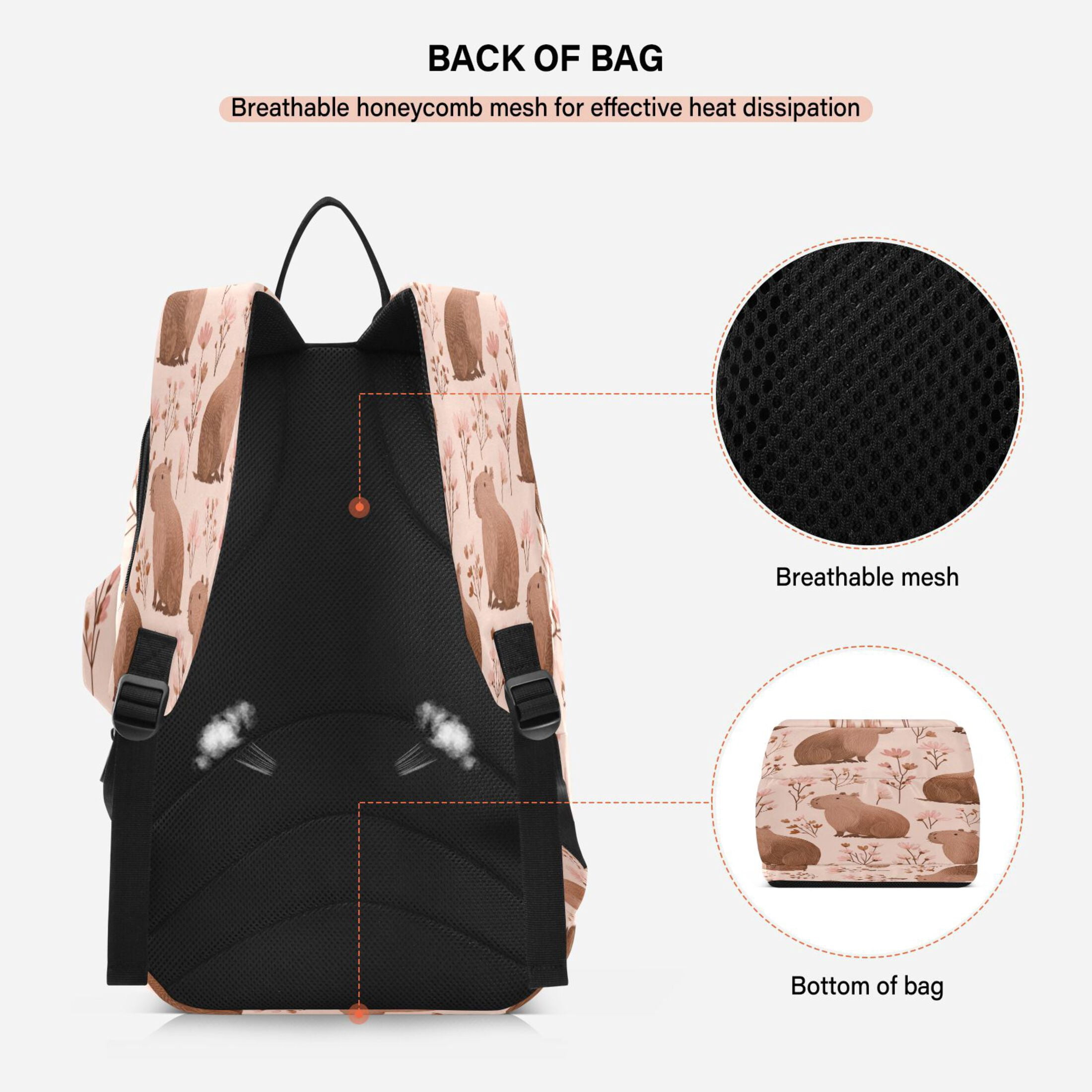 2 Racquet Holder Tennis Backpack Tennis Racket Covers Gym Bags Cute Brown Capybara Pattern