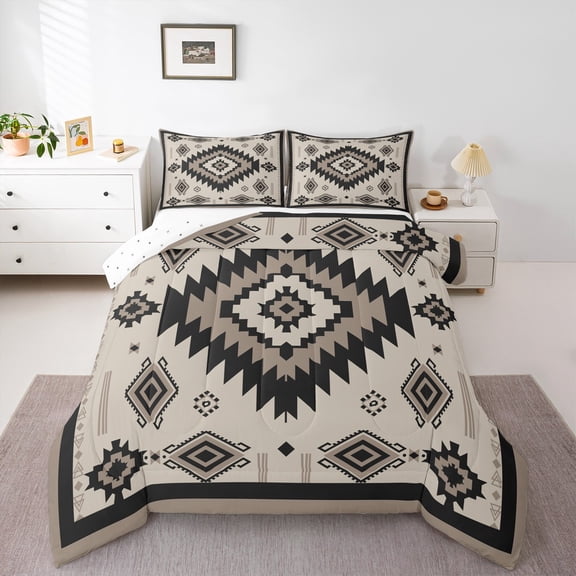 Feelyou Teens Retro Aztec Bedding Comforter Set, Tribal Western Fashion Twin Comforter Sets, Beige Grey Triangle Abstract Reversible Bedding Set, Microfiber Bedroom Decor, 2 Pieces