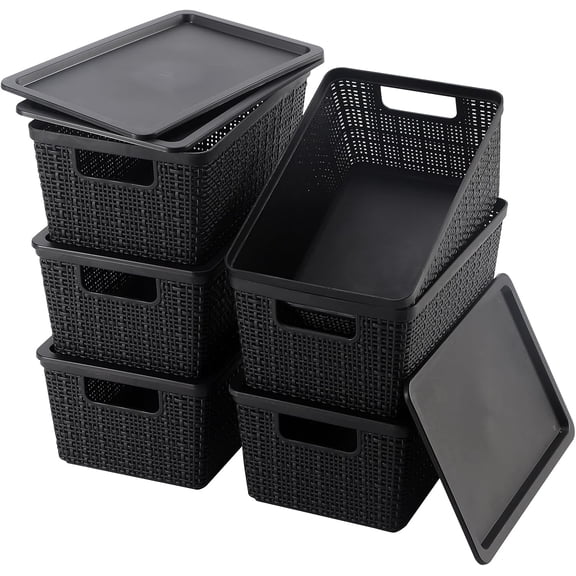 6 Pack Plastic Storage Baskets with Lid,Black Stackable Bins