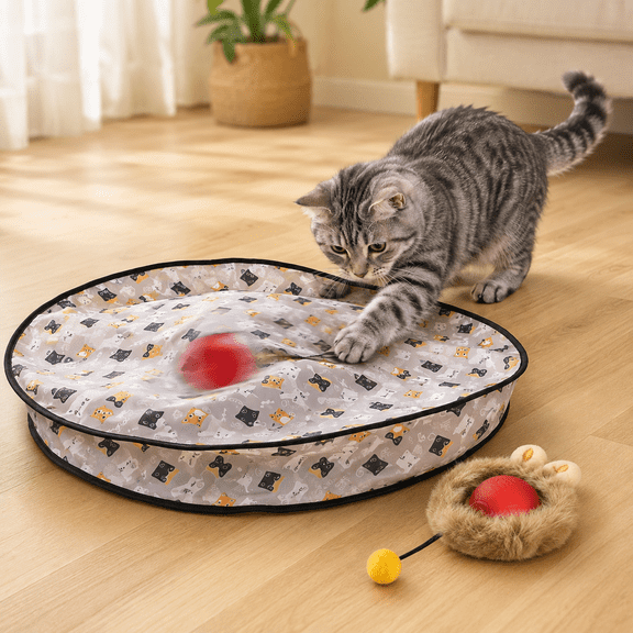 Meowball Mat, Interactive Cat Toy Fast Rolling Ball in Pouch Motion Activated Chirping for Indoor