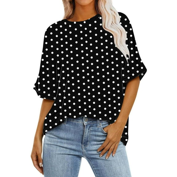 Scyoekwg Womens Casual Short Sleeve Tops Round Neck Oversized Tee Loose Polka Dots Print Trendy Lightweight Blouses (Black,XL)