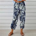 thumbnail image 2 of Pantalones de pierna ancha para mujer, estampado floral, cintura elástica, cierre con cordón, pantalones cortos con puños ceñidos, azul L, 2 of 6
