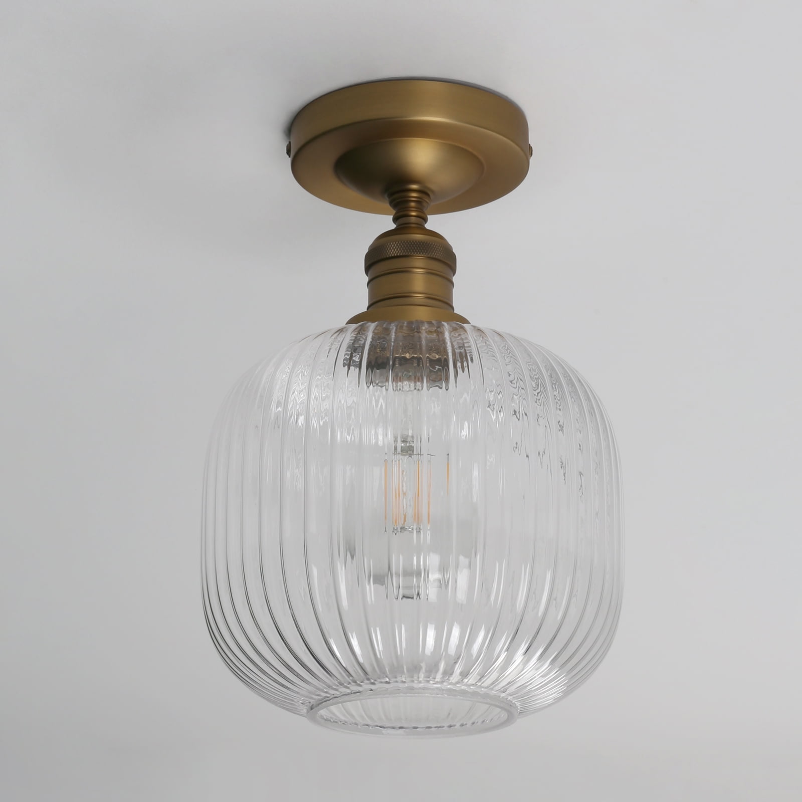 Pathson Industrial Semi Flush Mount Ceiling Light, Ribbed Clear Glass Lampshade Close to Ceiling Light for Living Room Dinning Room Kitchen Porch