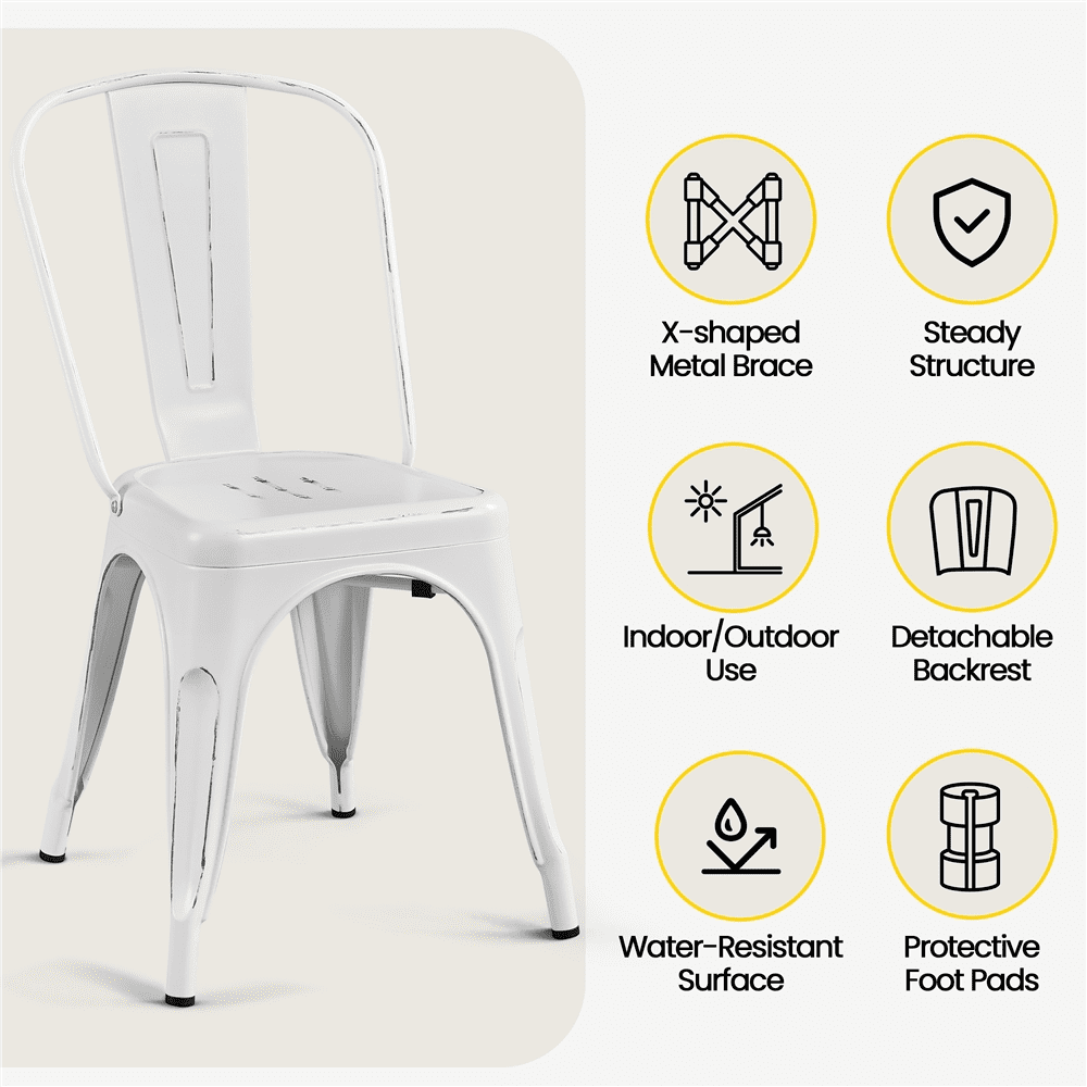 Alden Design Industrial Modern Metal Dining Chairs, Set of 4, Distressed White