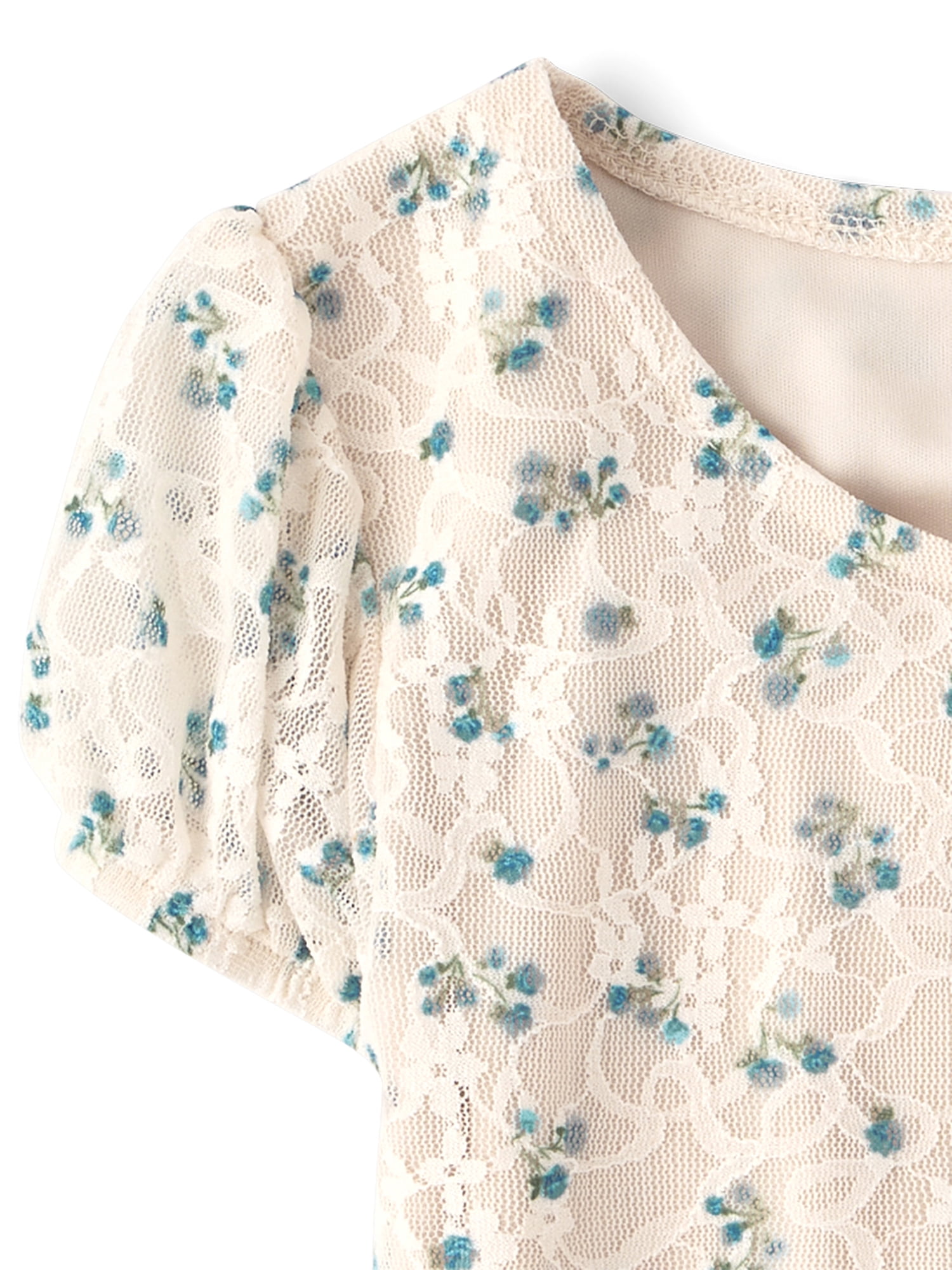 The Children's Place Girls Short Puff Sleeve Floral Lace Hanky Hem Top, Sizes XS-XXL