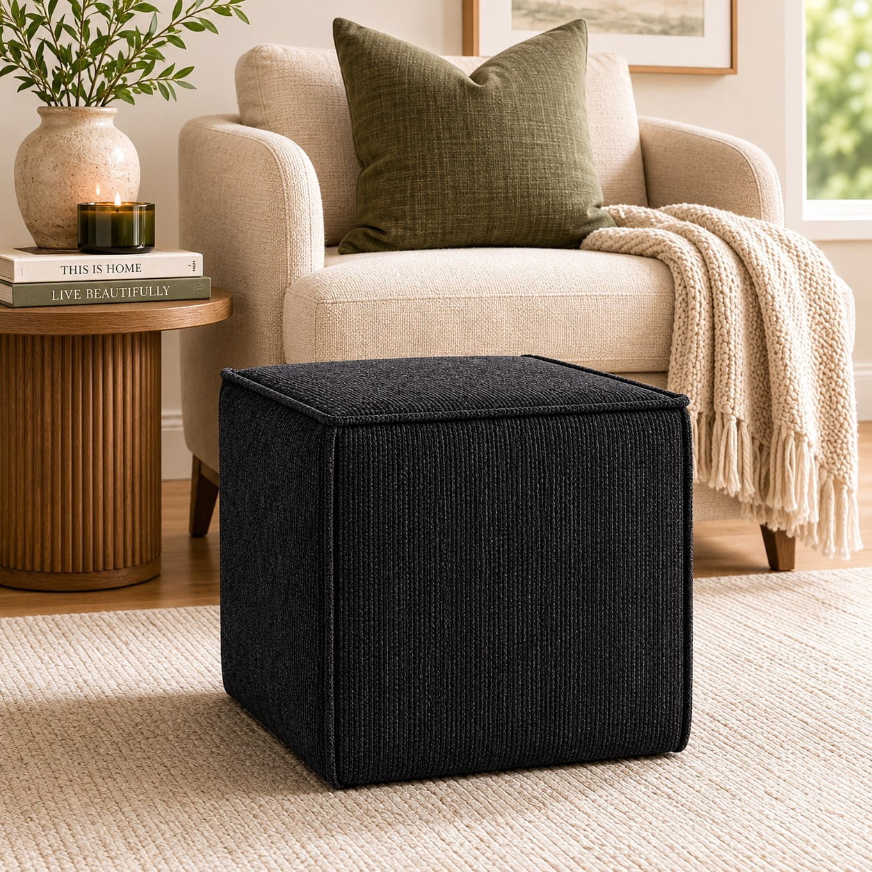 Sanford Living Pontchartrain Pouf Ottoman, Chenille in Black