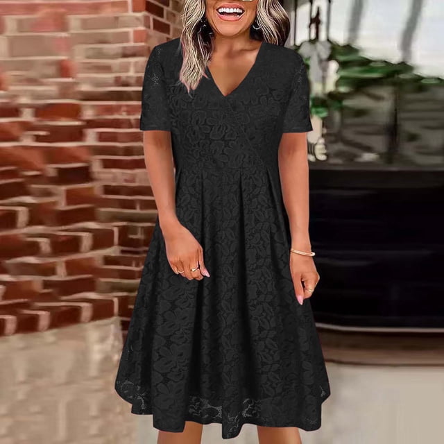 Gspmoly Robe pour Femme, Robe à Col en V de Printemps/été pour Femme, Mode Décontractée Unie en Dentelle à Manches Courtes, Robe de Cocktail jusqu'à 60 % de Rabais