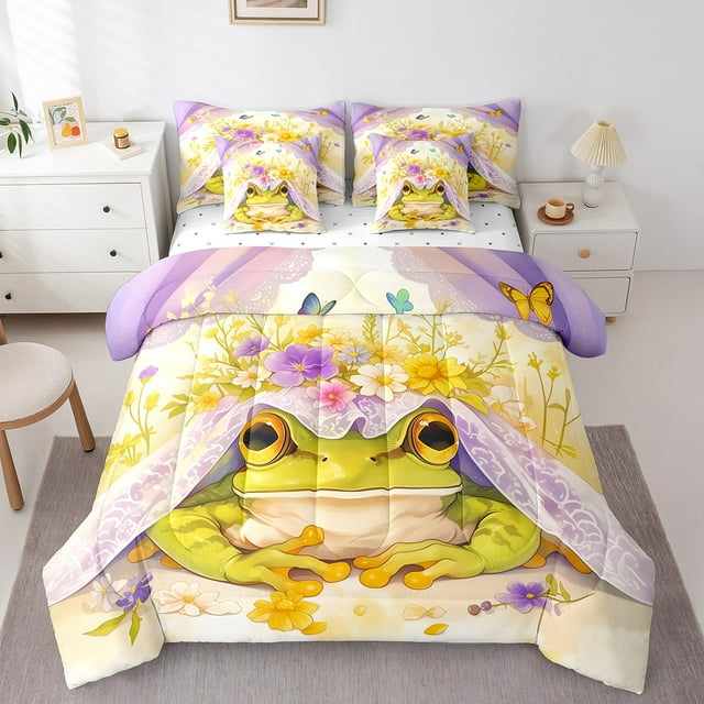 YST 3D Cute Green Frog 7Pcs Comforter Set Bed in a Bag, Queen Size, Cartoon Frog, Polyester, Comforter & Duvet Type, 1 Count