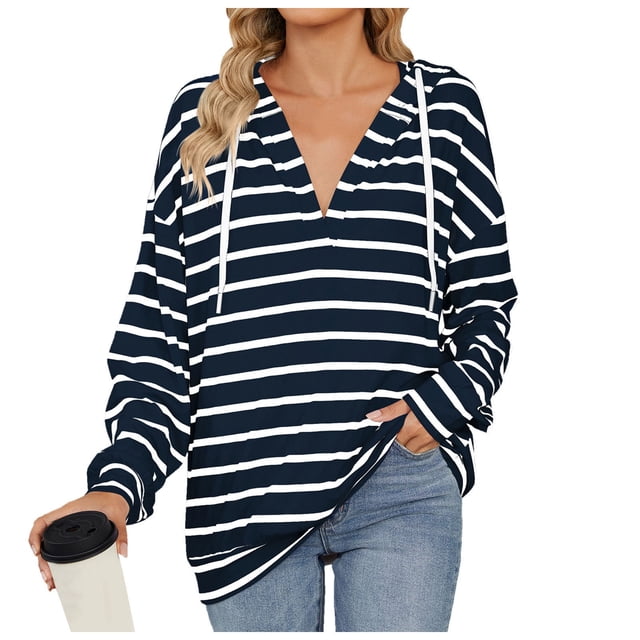 HNMKIU Brown Hoodie And Winter Drawstring Hooded Striped Long Sleeved Sweatshirt Top