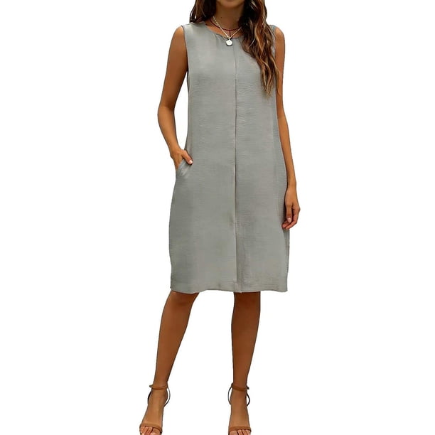 Vestido de Verano de Mujer con Bolsillos sin Mangas Cambio de Lino de Rodilla Vestido de Verano Casual Bolsillos Laterales de Tela Transpirable Colores Versátiles