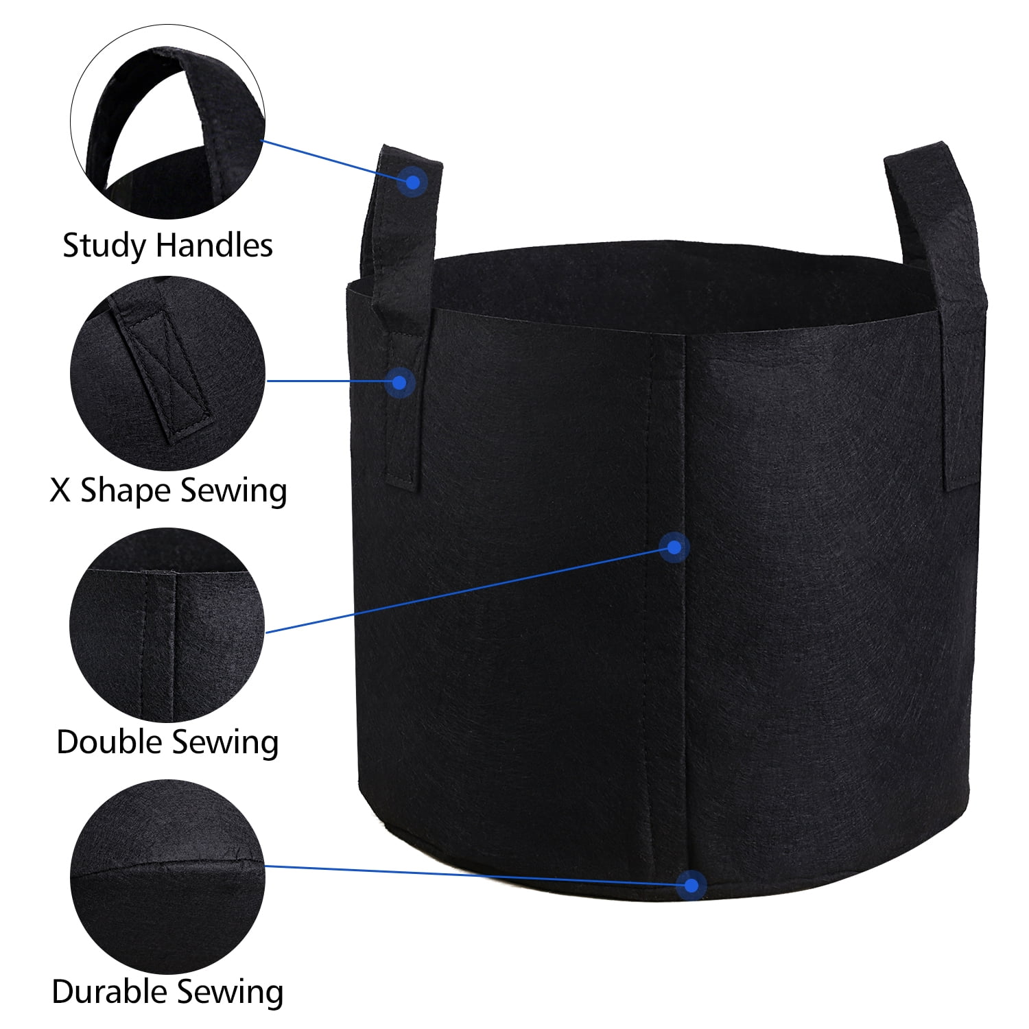 NC Potato Grow Bags, 5 Pack 10 Gallon Nonwoven Cloth Fabric Grow Bag with Handles, Black