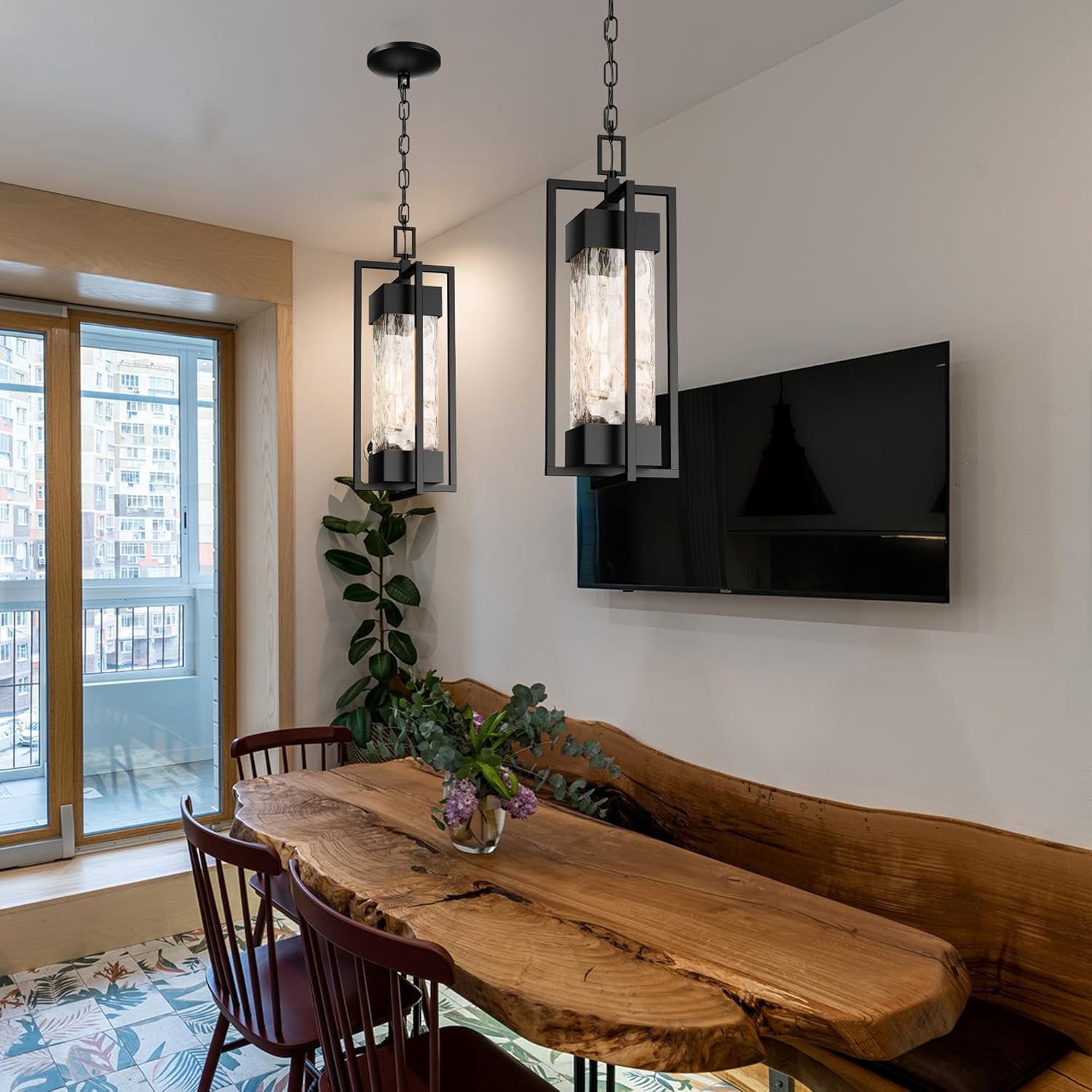 Modern Outdoor Indoor Pendant Light Fixture, Rustproof Chandelier Lighting Exterior with Water Glass for Porch, Garage, Gazebo, Patio (Bulb Included)
