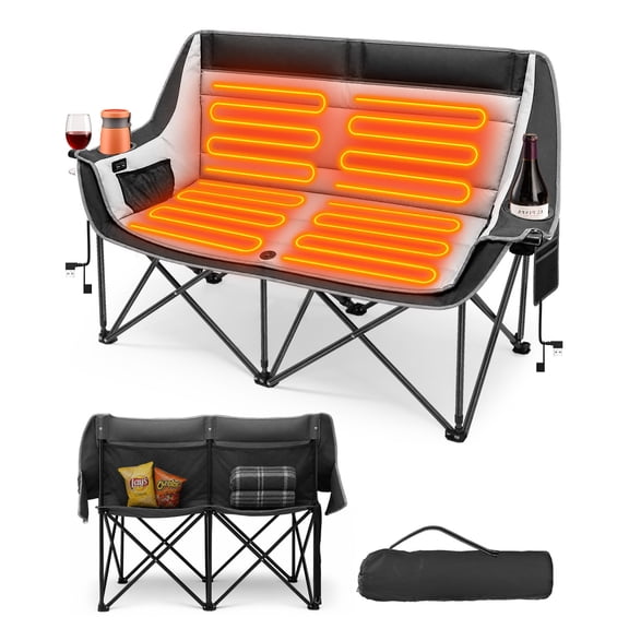 Oswerpon Oversized Heated Double Camping Chair Loveseat for Outdoor 3 Heat Levels 4 Heating Zones Black for Camping Travel Sports Lawn