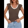 thumbnail image 2 of Camiseta de Verano para Mujer, con Cuello en V, Volantes, Sin Mangas, Corte Entallado, Color Café, Talla L, 2 of 7