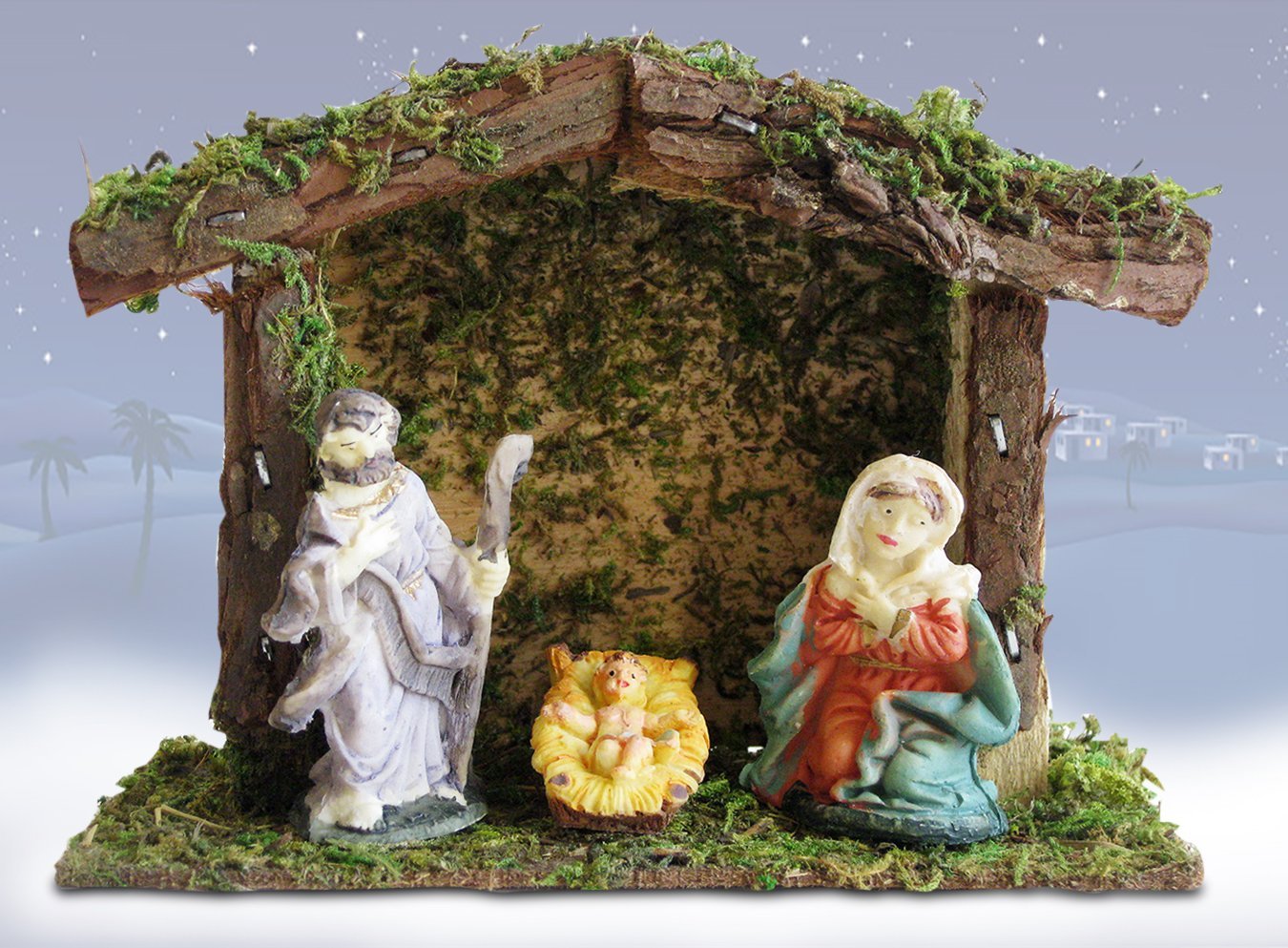 Miniature Nativity Scene with a Small 4-Inch Stable - Mary, Joseph and