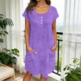 thumbnail image 2 of Laqbezok Women's Cotton Linen Dress, Casual Crew Neck Short Sleeve Loose Sundress with Pockets, Retro Button Henley T-Shirt Dress, 2 of 8