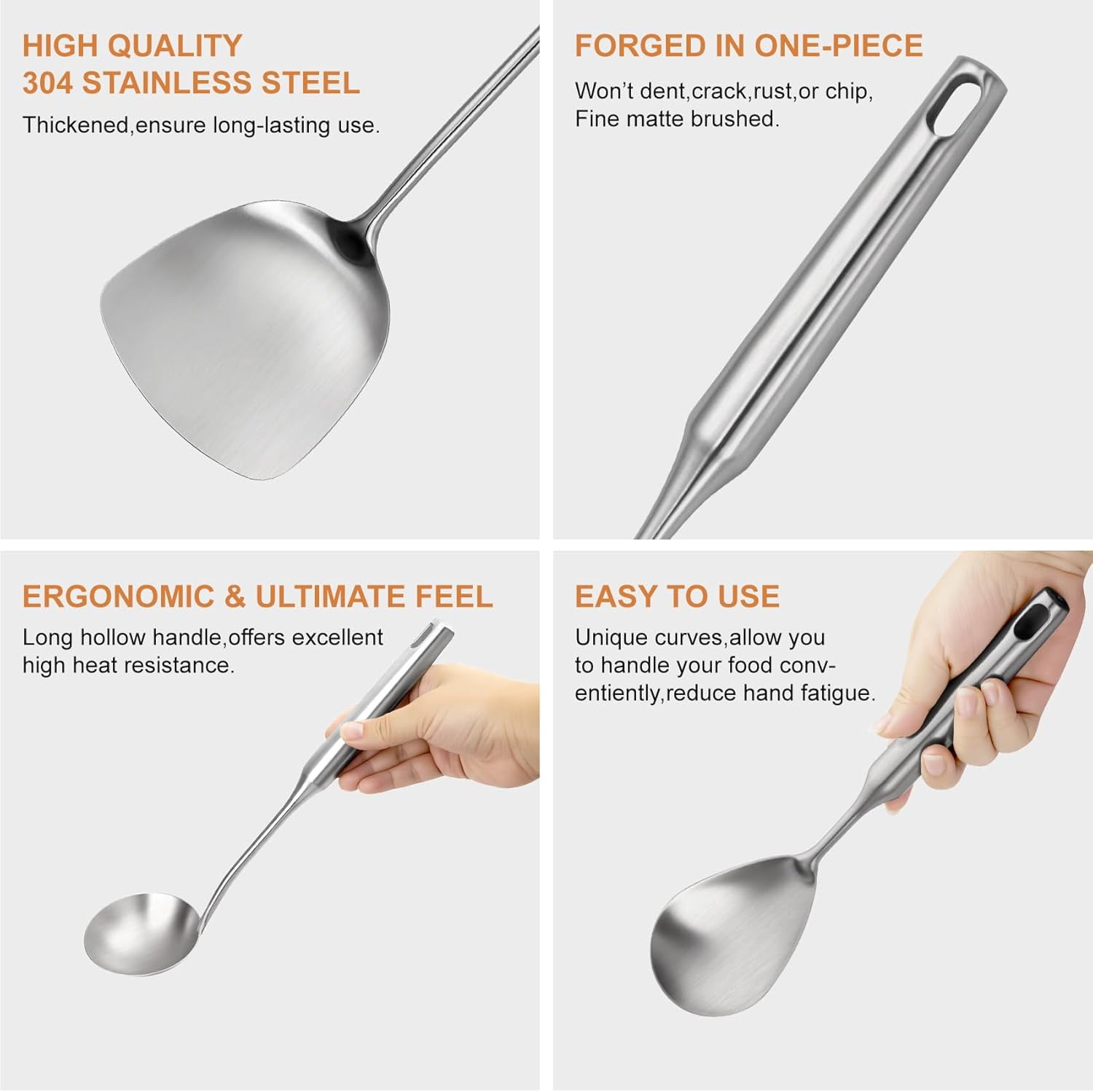 12-Piece Stainless Steel Cooking Utensils Set with Ergonomic Handles for Home and Commercial Kitchens