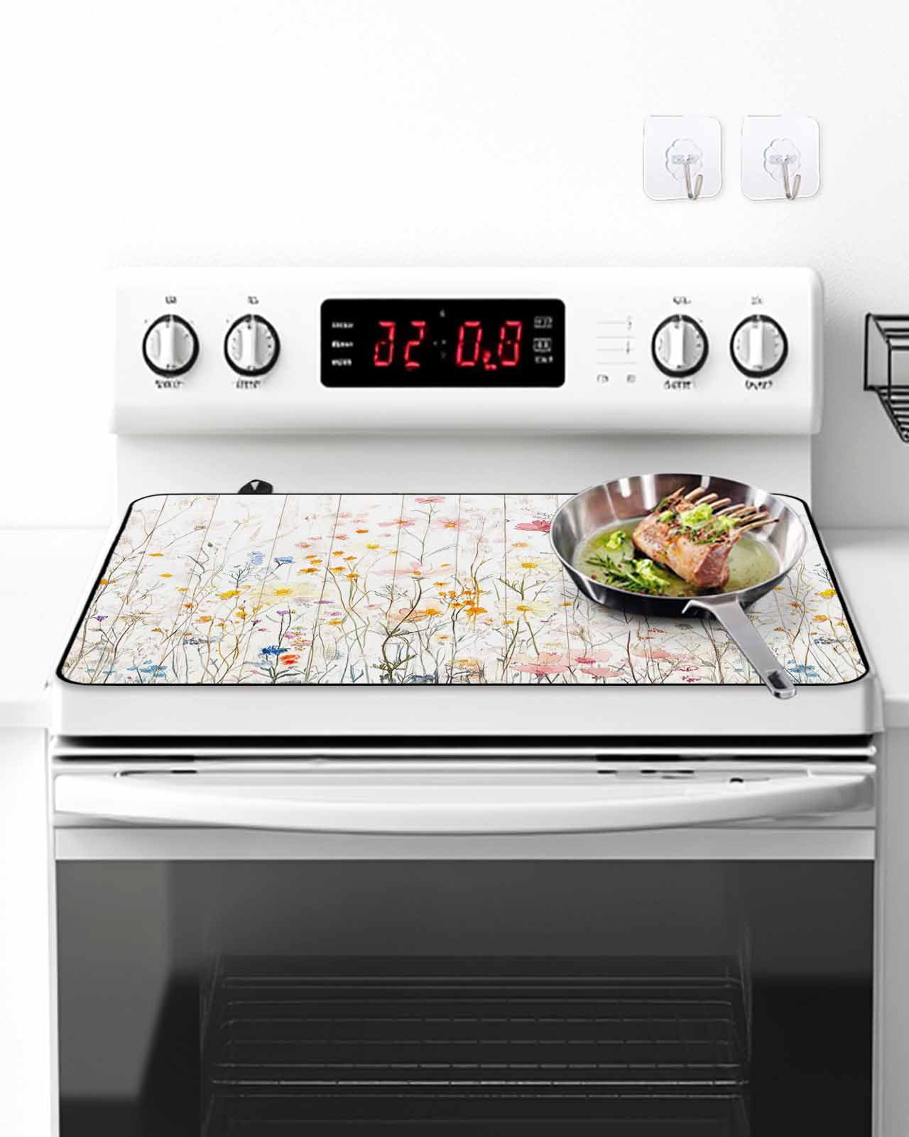 Stove Top Covers for Electric Stove, Vintage Flowers Glass Stovetop Cover Protector, Pink Blue Colorful Botanical Induction Cooktop Protector Oven Mat for Kitchen Countertop 24"x21"