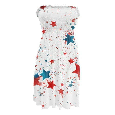 CHCNHAC Sundresses for Women 2025 Independence Day Trendy Dresses Patriotic American Flag Print Flowy Swing Strapless Wedding Guest Dress Royal Blue L
