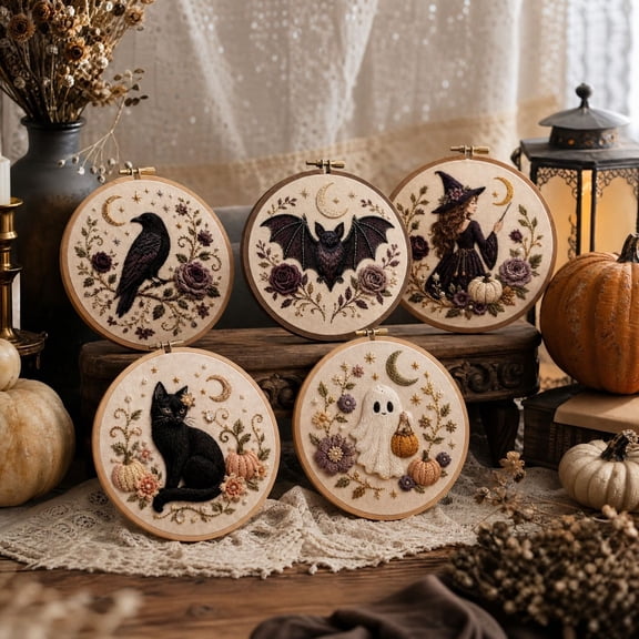Halloween Embroidery Kit 8 Inch Gothic Wall Art Witchy Wall Decor Seasonal Home Decor Halloween Wall Decor for Adults Halloween Craft Dark Cottagecore Hanging Wall Art, 1 Pack