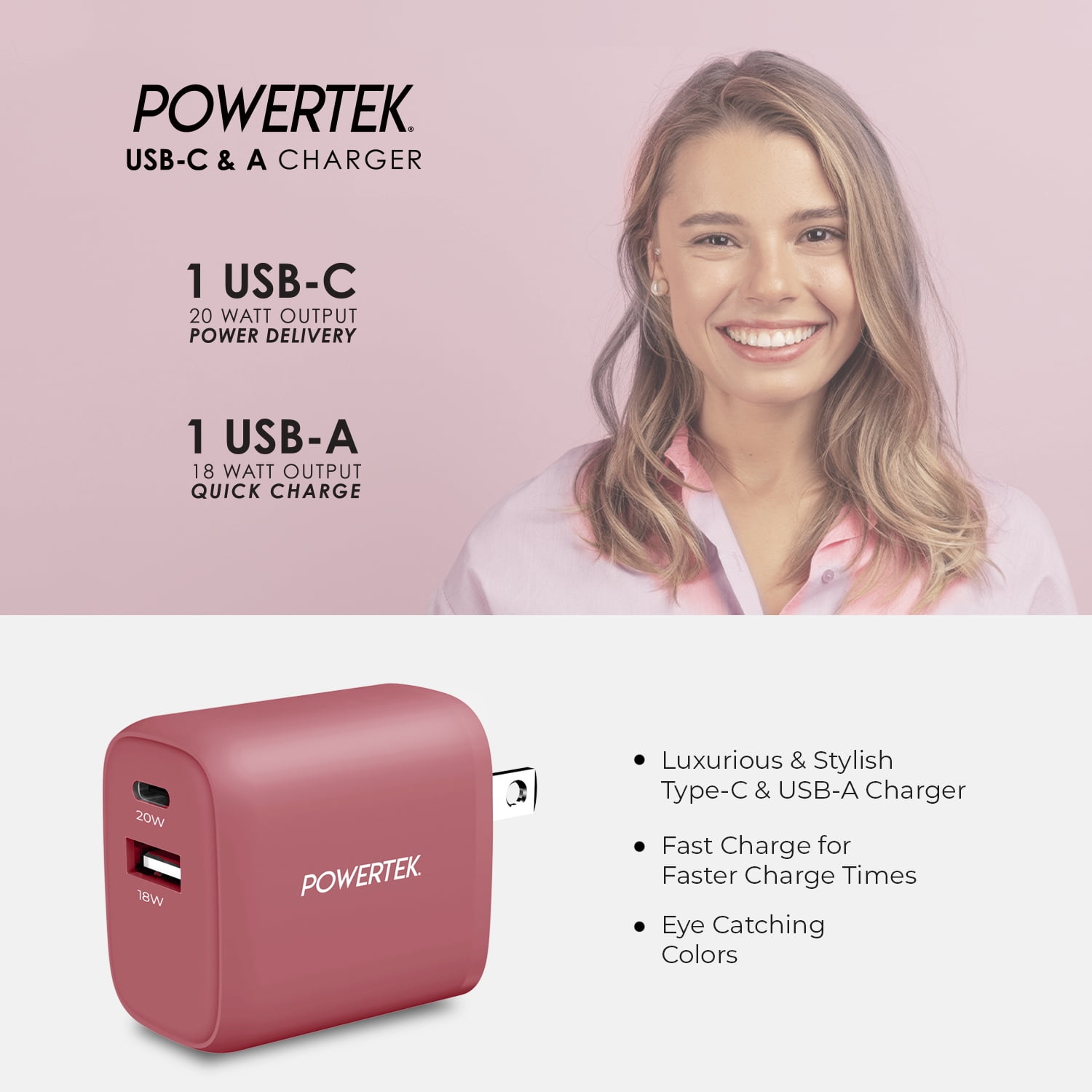Liquipel Powertek Premium Braided 20W A/C Combo Charger - Pink