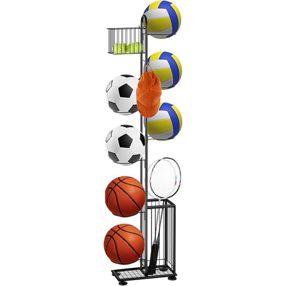 7 Tier Basketball Ball Storage Rack, Freestanding Basketball Holder Garage ball storage Sport Organizer Rack with Basket for Volleyball Football Basketball, Indoor/Outdoor