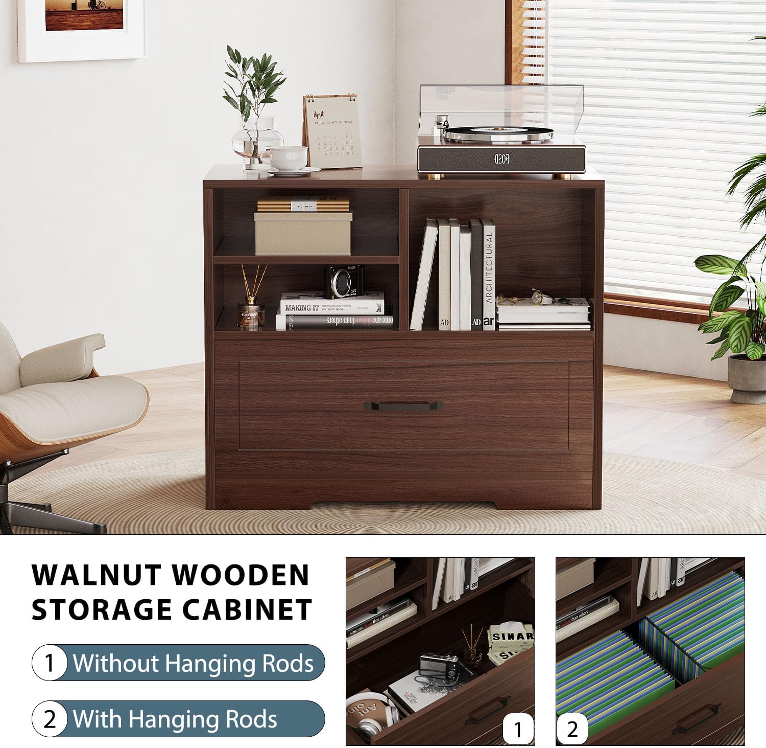 LVB Wood Lateral Filing Cabinet Drawer, Farmhouse File Cabinet Printer Stand with Storage Shelves, Printer Cabinet Fits A4 Letter Legal Size with Hanging File Folder for Home Office, 32.7" Walnut