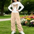 thumbnail image 7 of Iyufng 2 Piece Outfits for Girls Bow Printed Long Sleeve T-Shirt and Cargo Pants, Girls Summer Casual Two Piece Sets, Size 5-15 Years, 7 of 7