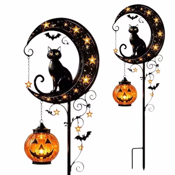 Leutsin Solar Halloween Cat & Pumpkin Moon Garden Stake Light, Metal Black Cat on Crescent Moon with Hanging Pumpkin Lantern, Waterproof Outdoor Decoration